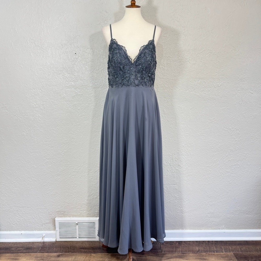 Azazie Maxi Dress 14 Bridesmaid Prom Gray Lace Sweetheart Sheer Chiffon Coquette